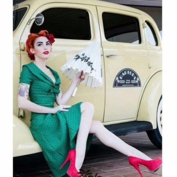 EUC Tatyana "Esmeralda" Green Polka Dot Bow Pinup Dress Size XXL - Picture 2 of 12